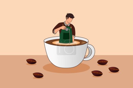 Foto de Varón camarero haciendo café. Una taza de café con granos de café. Barista en una taza de café. Ilustración vectorial. - Imagen libre de derechos