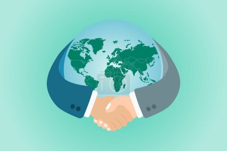 Illustration for Handshake symbol with globe world map background. International partnership business concept. Vector illustration. - Royalty Free Image