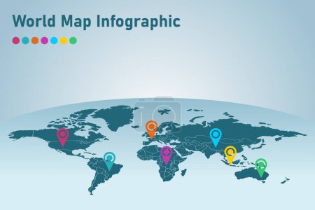 Infografía del mapa del mundo con punteros de color. Ilustración vectorial.