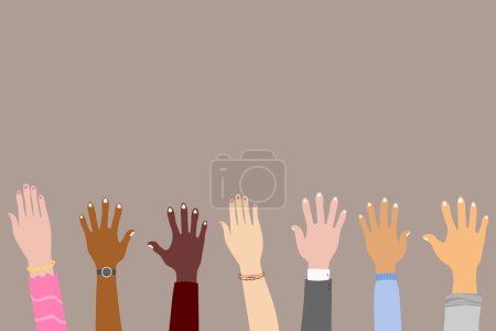 Illustration for Raised hands of multiethnic people. Volunteer people group concept. Vector illustration. - Royalty Free Image