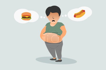 Illustration for A fat pot-bellied man. An overweight man holding his stomach. Vector illustration. - Royalty Free Image