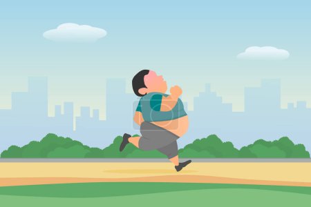 Ilustración de Hombre gordo corriendo en el parque de la ciudad para perder peso. Ilustración vectorial. - Imagen libre de derechos