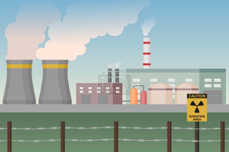 Nuclear power plant with barbed fence. Restricted area. Energy generation plant. Vector illustration. Stickers 697621462