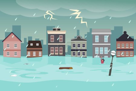 Desastre de inundación en la ciudad con lluvia y tormenta. Edificios inundados. Cambio climático. Ilustración vectorial.