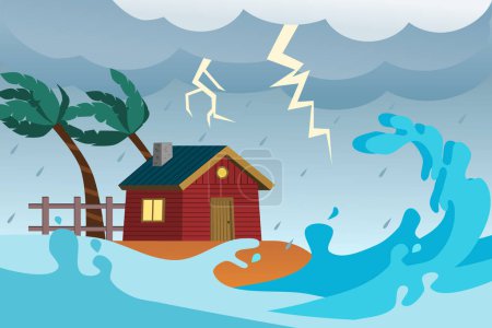 Ilustración de Tsunami paisaje de tormenta de paisajes marinos. Grandes olas y una casa en la playa. Ilustración vectorial. - Imagen libre de derechos