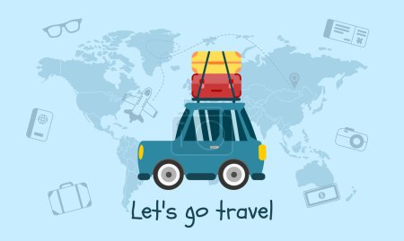 Illustration for Travel by car and map concept. A car on the planet earth. Road trip concept. Vector illustration. - Royalty Free Image