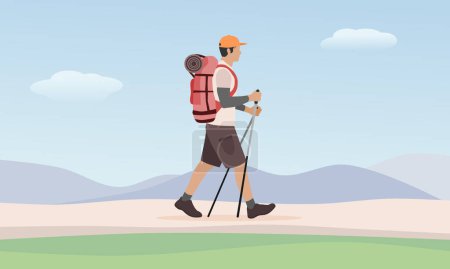 Ilustración de Hombre excursionista con mochila. Senderismo o trekking. Ilustración vectorial. - Imagen libre de derechos