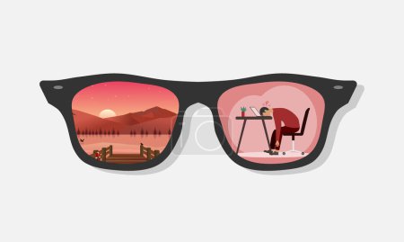 Illustration for Sunglasses with reflection of a view of nature and a tired worker. Taking a break from work. Vector illustration. - Royalty Free Image