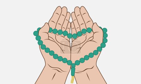 Muslim hands holding prayer beads for dhikr and and pray to god. Vector illustration.
