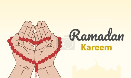 Ramadan kareem concept. Muslim hands holding prayer beads for dhikr and and pray to god. Vector illustration.