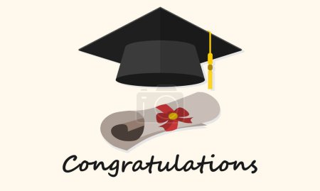 Illustration for Congratulations card template with graduation cap and certificate. Vector illustration. - Royalty Free Image