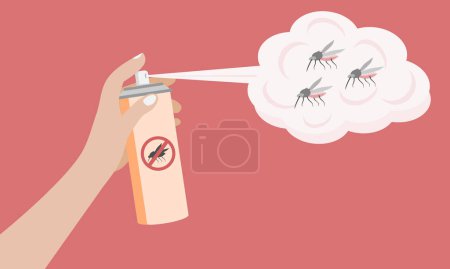 Hand hält Mückenschutzspray. Denguefieber oder Malaria-Ausbruch. Vektorillustration.
