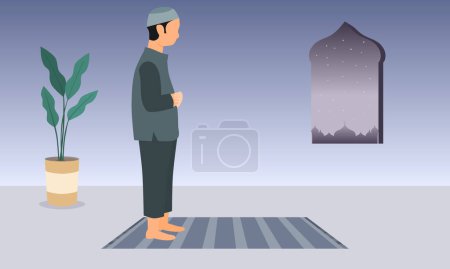 Téléchargez les illustrations : Un musulman priant sur un tapis de prière. Position debout dans la prière. Illustration vectorielle. - en licence libre de droit