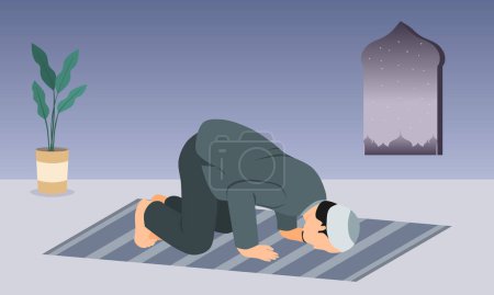 Téléchargez les illustrations : Un homme musulman en position de prière de prosternation sur le tapis de prière. Illustration vectorielle. - en licence libre de droit