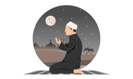 A Muslim man praying at night with a mosque in the desert in the background. A Muslim man sitting on prayer mat. Vector illustration.