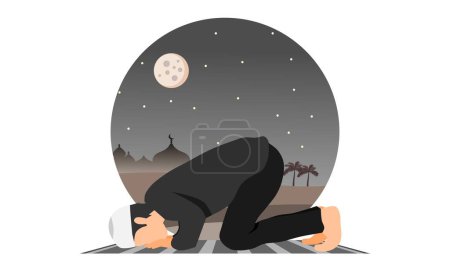 A Muslim man in prostration prayer position on prayer mat at night with a mosque in the desert in background . Vector illustration.