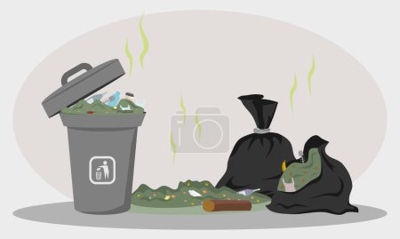 Basura y bolsas de basura tiradas en el basurero. Bolsas de basura negra y contenedor de basura con basura sin clasificar. Ilustración vectorial.