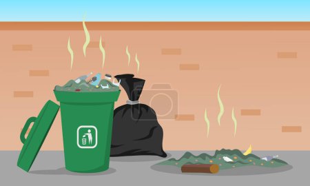 Montones de basura en las calles de la ciudad. Bolsas de basura negra y contenedor de basura con basura sin clasificar. Ilustración vectorial.