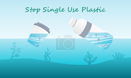 Detener la campaña de plástico de un solo uso. Protesta contra la basura plástica. Ilustración vectorial.