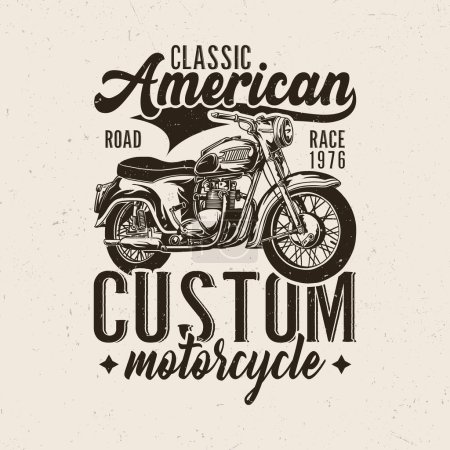 Ilustración de Diseño de la camiseta de la motocicleta, motocicleta americana clásica personalizada - Imagen libre de derechos