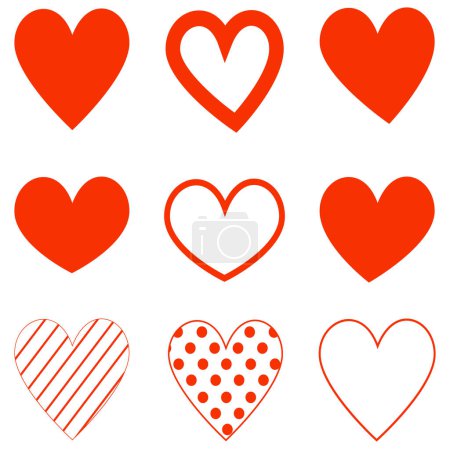 Téléchargez les illustrations : Coeur dessiné à la main différentes icônes rouges ensemble, collection de coeurs. Des symboles d'amour. Illustration vectorielle. - en licence libre de droit