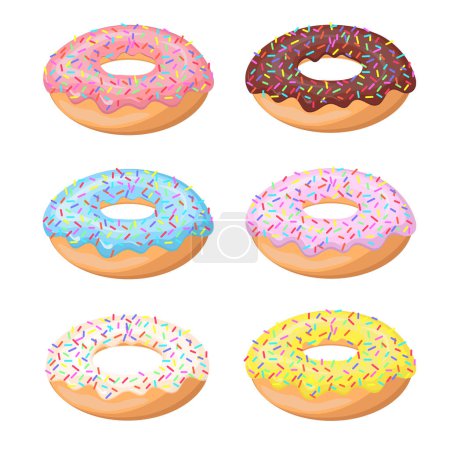 Illustration for Colorful glazed donut set on white background. Set sweet birthday pastry. Confectionery dessert. For menu design, cafe decoration, delivery box. Vector illustration in flat style. - Royalty Free Image