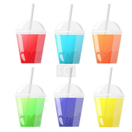 Ilustración de Conjunto vectorial de limonada fría, zumo y tapioca en una taza de plástico. Una bebida con diferentes sabores y aromas. Diseño aislado sobre fondo blanco. - Imagen libre de derechos