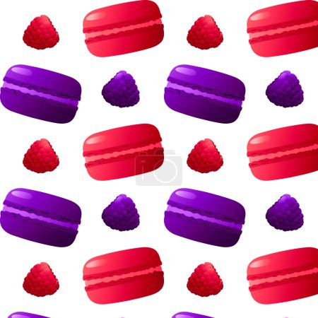 Illustration for Seamless pattern purple and red macarons with blackberries, raspberries. Highly detailed dessert, macaroon, sweets, menu design, restaurants shop. Gradient macarons. Vector illustration. - Royalty Free Image
