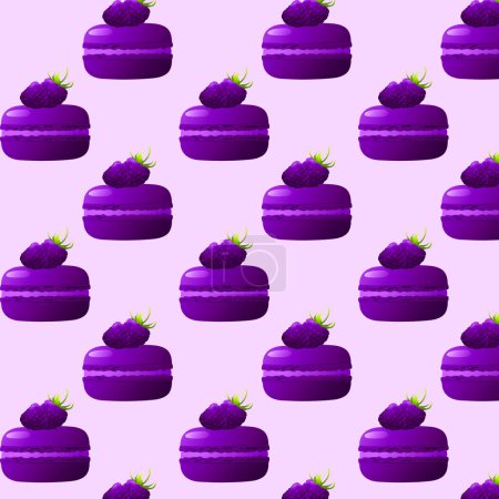Illustration for Seamless pattern purple macarons with blackberries. Highly detailed dessert, macaroon, sweets, menu design, restaurants shop. Gradient macarons. Vector illustration. - Royalty Free Image