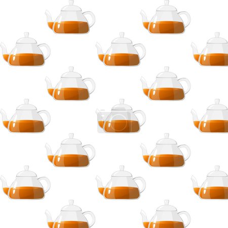 Illustration for Seamless pattern glass teapot with tea. Transparent glass teapot. Glass tea kettle for boiling water, tableware for tea ceremony at home. Healthy drinks concept. - Royalty Free Image