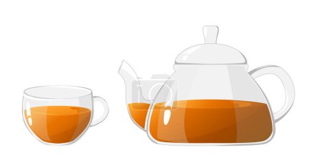 Illustration for Glass teapot and cup with tea. Transparent glass teapot and cup. Glass tea kettle for boiling water, tableware for tea ceremony at home. Healthy drinks concept. - Royalty Free Image