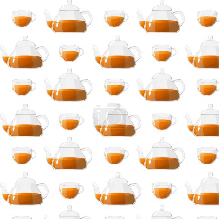 Illustration for Seamless pattern glass teapots and cups with tea. Glass tea kettles for boiling water, tableware for tea ceremony at home. Healthy drinks concept. - Royalty Free Image