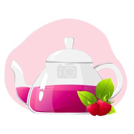 Illustration for Glass teapot with berry tea.Transparent glass teapot with raspberry tea. Healthy drinks concept.Vector illustration for cafes, advertisements, banners. - Royalty Free Image