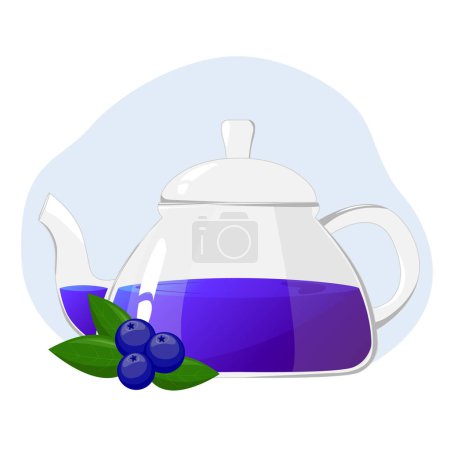 Illustration for Glass teapot with berry tea.Transparent glass teapot with bilberry or blueberry tea. Healthy drinks concept.Vector illustration for cafes, advertisements, banners. - Royalty Free Image