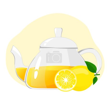 Illustration for Glass teapot with citrus tea.Transparent glass teapot with lemon tea. Healthy drinks concept.Vector illustration for cafes, advertisements, banners. - Royalty Free Image