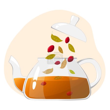 Illustration for Glass teapot with  rosehip tea.Transparent glass teapot with tea leaves and brier. Healthy drinks concept.Vector illustration for cafes, advertisements, banners. - Royalty Free Image