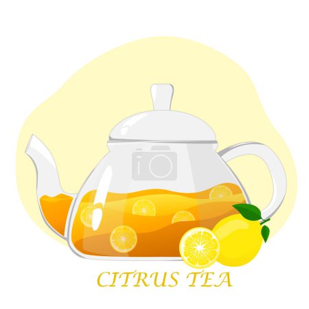 Illustration for Glass teapot with citrus tea.Transparent glass teapot with lemon tea. Healthy drinks concept.Vector illustration for cafes, advertisements, banners. - Royalty Free Image