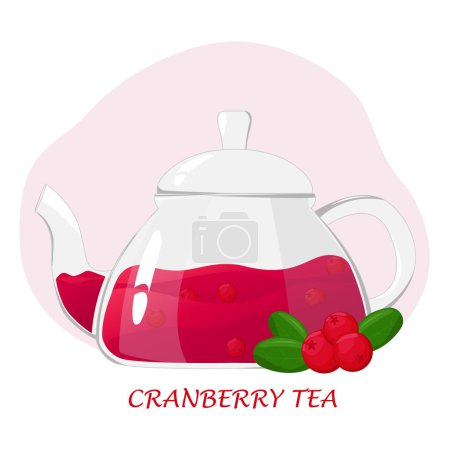 Illustration for Glass teapot with berry tea.Transparent glass teapot with cranberries tea. Healthy drinks concept.Vector illustration for cafes, advertisements, banners. - Royalty Free Image