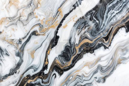 This image elegantly showcases the contrasting dance of black and white marble enriched with golden veins. The swirls create a sense of depth and luxury, making it an ideal choice for sophisticated spaces that aim to blend modernity with classic natu