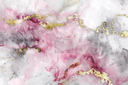 This captivating image illustrates a luxurious swirl of pink and grey marble, adorned with rich gold veining that adds a touch of opulence. The delicate blend of blush tones fuses with stormy greys, creating a mesmerizing visual feast, reminiscent of