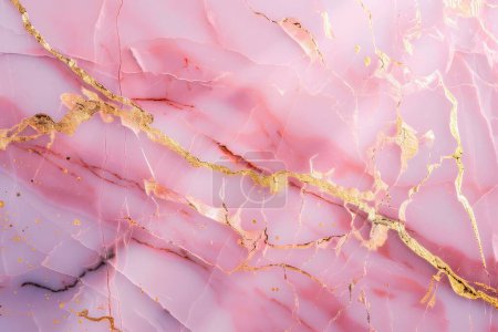 A captivating visual feast, this photograph showcases a luxurious pink marble surface veined with rich gold. The delicate interplay between the blush tones and shimmering gold creates a sense of sophisticated elegance. Each crack and fleck tells a st