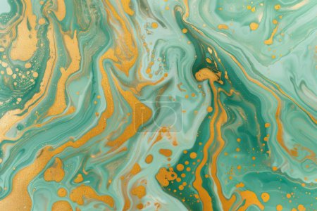 This image is a stunning depiction of marbled elegance, where fluid waves of teal merge with the luxurious veins of amber gold. The natural flowing patterns and the bold gold splatters create a visual spectacle.
