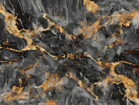 Dieses Bild stellt ein luxuriöses Schauspiel aus natürlichem Onyx dar, dessen dunkle, rätselhafte Oberfläche von kühnen Goldschlieren durchzogen ist, die einem Blitz am Nachthimmel ähneln. Der reiche Kontrast strahlt Kraft und Raffinesse aus.