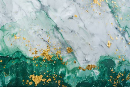 This image artfully captures the majestic meeting of white marble shores with the swirling emerald sea, all embellished with scattered golden flecks. It symbolizes the harmonious clash of elements.
