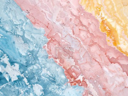 This vibrant photograph depicts a dreamlike marble canvas where frosted pink and azure hues meld with sun-kissed gold. It resembles a celestial dawn where clouds of pastel colors float over a shimmering sea.
