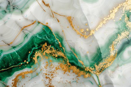 Esta imagen abstracta es una sinfonía visual de verticilos de mármol verde y remolinos, espolvoreados con finas partículas de oro.