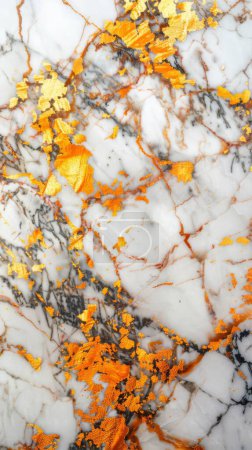 Capturing the essence of vibrancy, this image showcases a pristine white marble backdrop adorned with vivid orange flecks and splashes.