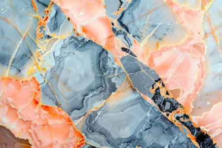 This image captures the stunning complexity of nature's artistry, where coral cracks intersect with slate blue expanses, all highlighted by delicate gold veining.