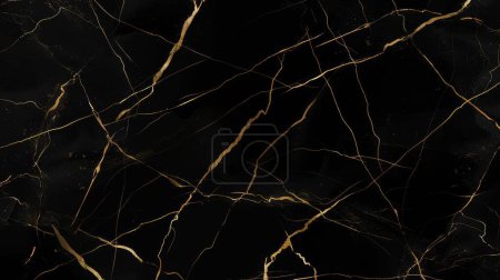 This image elegantly showcases the luxurious contrast of golden lines traversing through the depths of polished black marble.