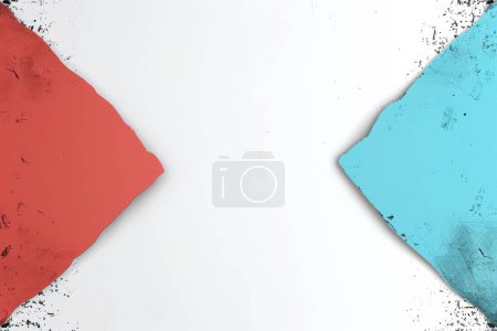 Minimalist abstract design with bold red and blue shapes splattered on a clean white background